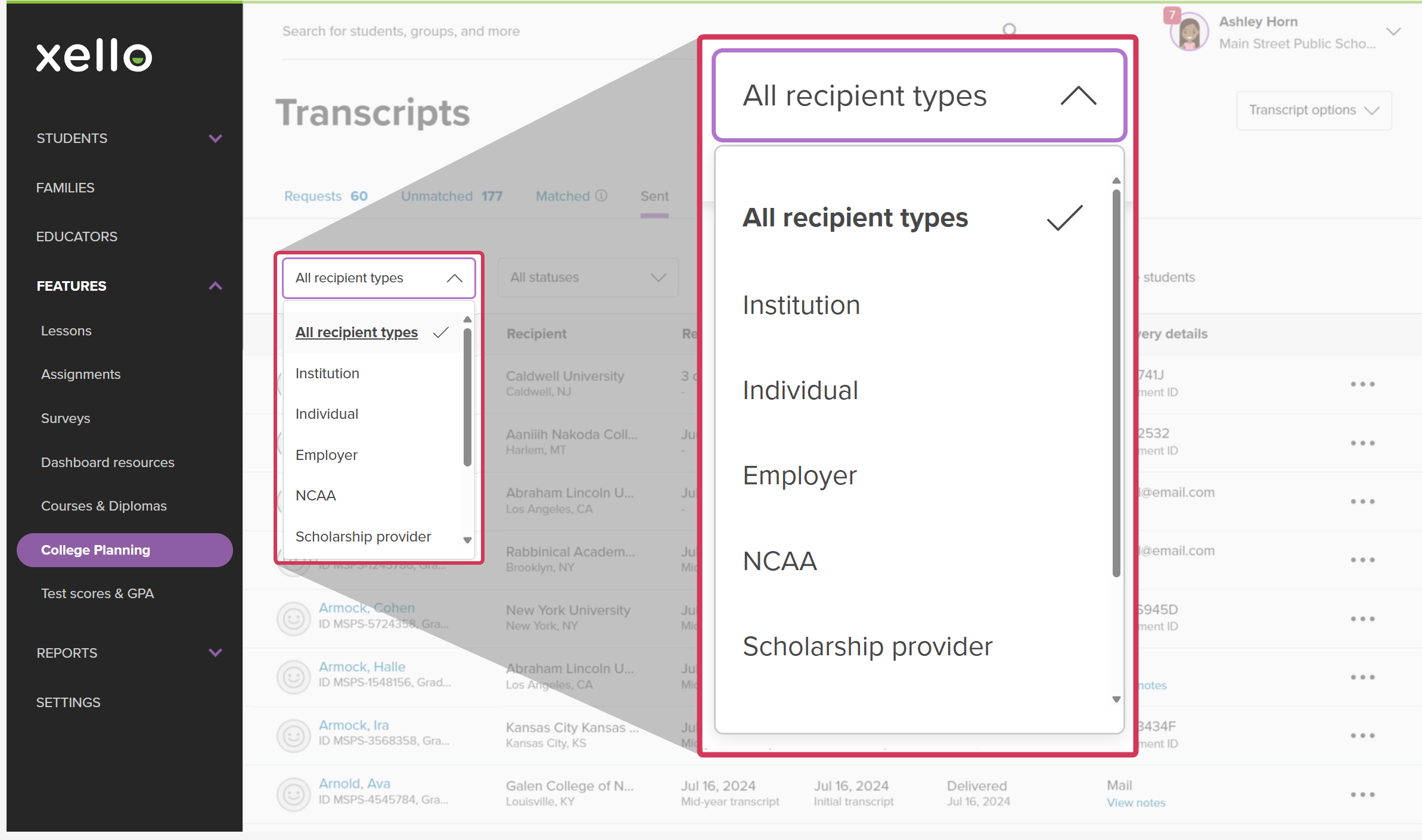 Transcripts page in Xello, the Sent tab is open. The "All recipient types" dropdown is open showing different options such as "Institution", "Individual", "Employer", "NCAA" and more